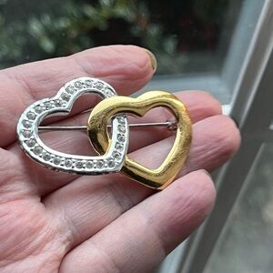 Gold and Silver Heart Interlocking Monet Double Heart Brooch with Rhinestones